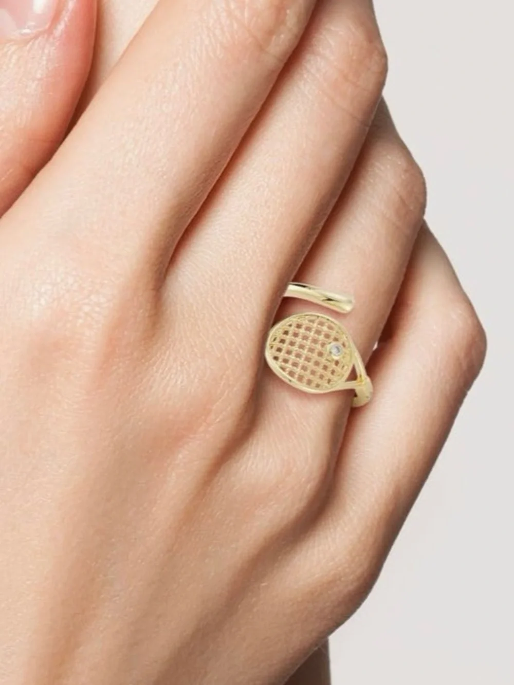 SPHERA MILANO Cubic Zirconia Tennis Racket Bypass Ring – Gold – Size 6 🎾